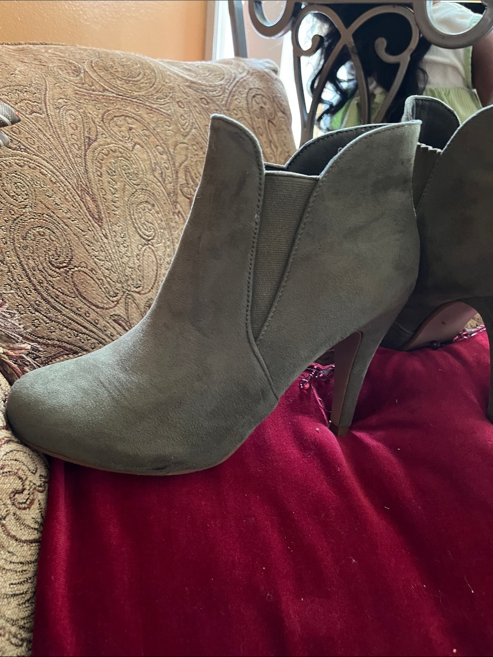 Suede High-Heel Ankle Booties in Olive